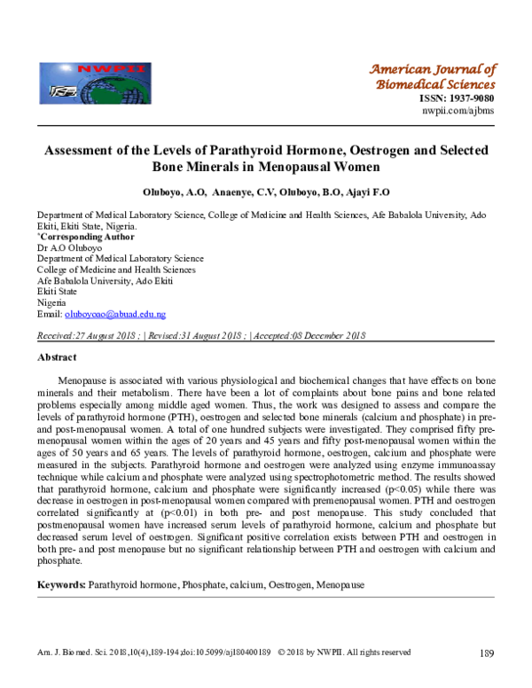 (PDF) Assessment of the Levels of Parathyroid Hormone, Oestrogen and ...