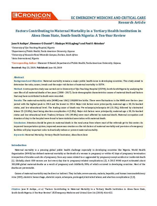 (PDF) Factors Contributing to Maternal Mortality in a Tertiary Health ...