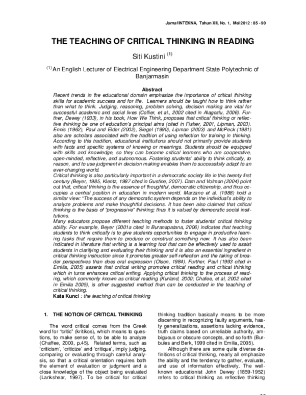 (PDF) The Teaching of Critical Thinking in Reading