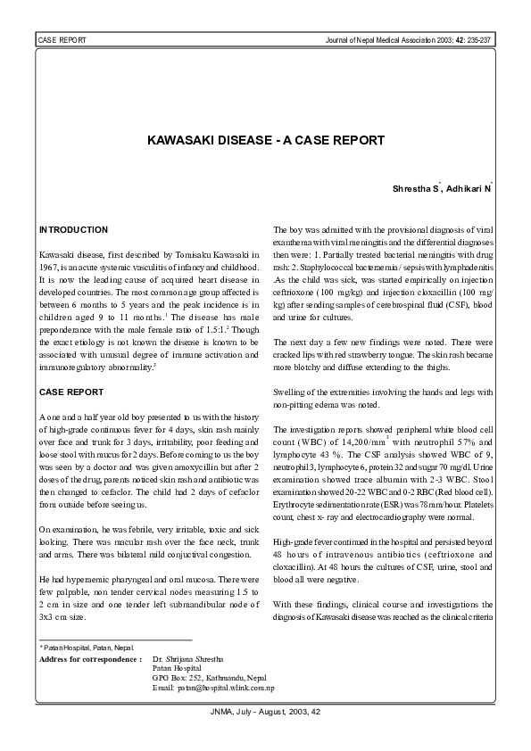 (PDF) Kawasaki disease A case report Namrata Adhikari Academia.edu