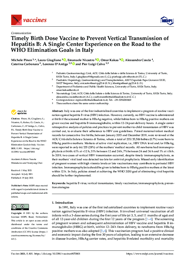 (PDF) Timely Birth Dose Vaccine to Prevent Vertical Transmission of ...