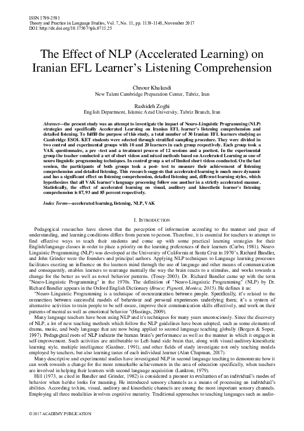 (PDF) The Effect of NLP (Accelerated Learning) on Iranian EFL Learner’s ...