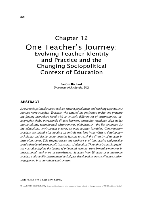 (PDF) One Teacher's Journey: Evolving Teacher Identity and Practice and ...