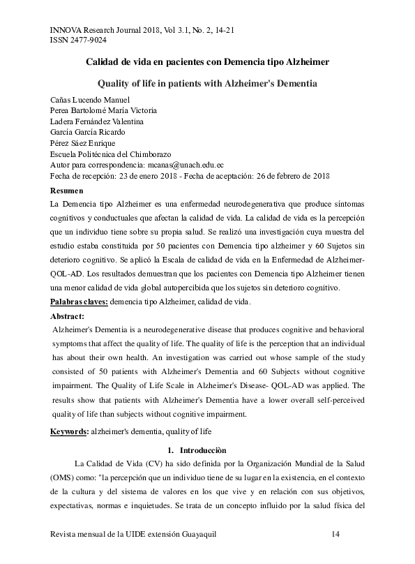 (PDF) Calidad de vida en pacientes con Demencia tipo Alzheimer