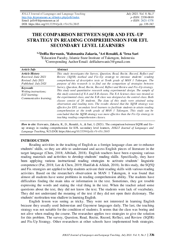 (PDF) The Comparison Between SQ5R and Fix–Up Strategy in Reading ...