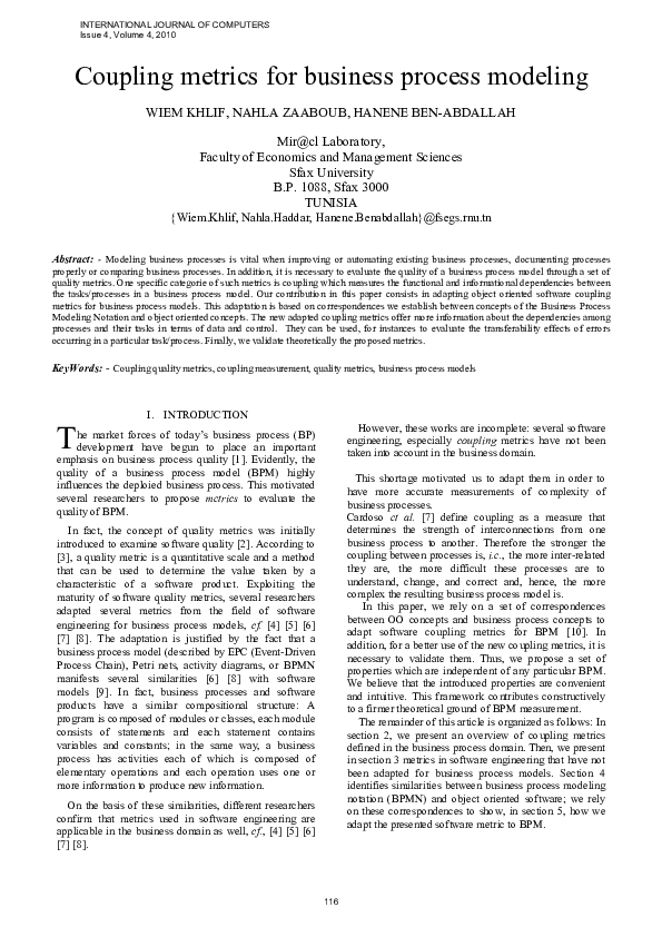 (PDF) Coupling metrics for business process modeling