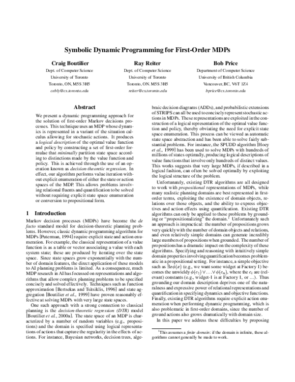 (PDF) Symbolic dynamic programming for first-order MDPs