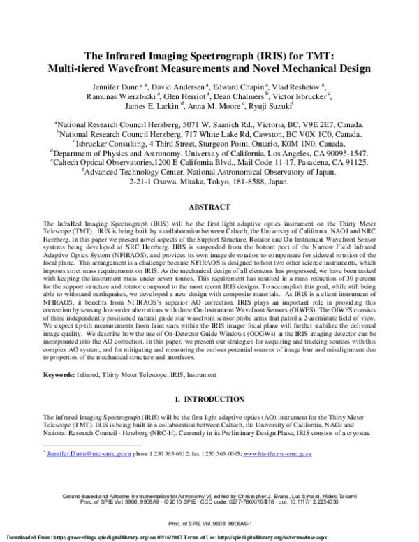 (PDF) The Infrared Imaging Spectrograph (IRIS) for TMT: multi-tiered ...
