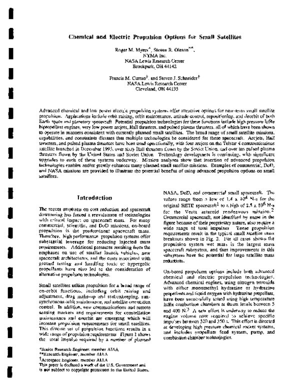 (PDF) Chemical and electric propulsion options for small satellites