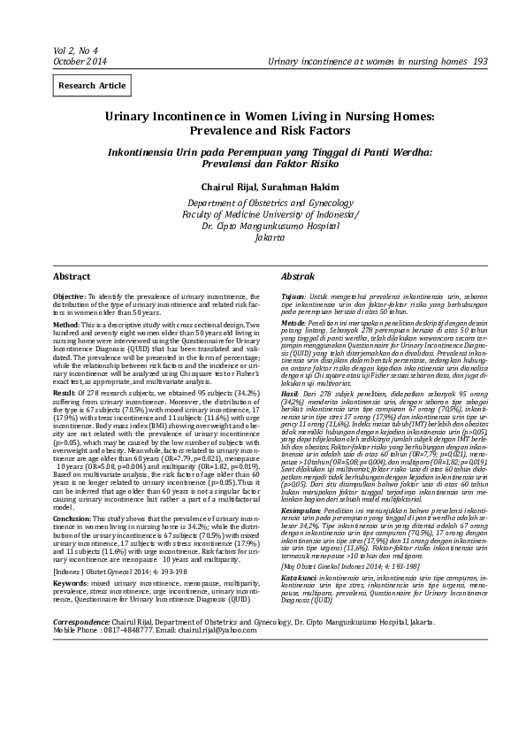 (PDF) Urinary Incontinence in Women Living in Nursing Homes: Prevalence ...