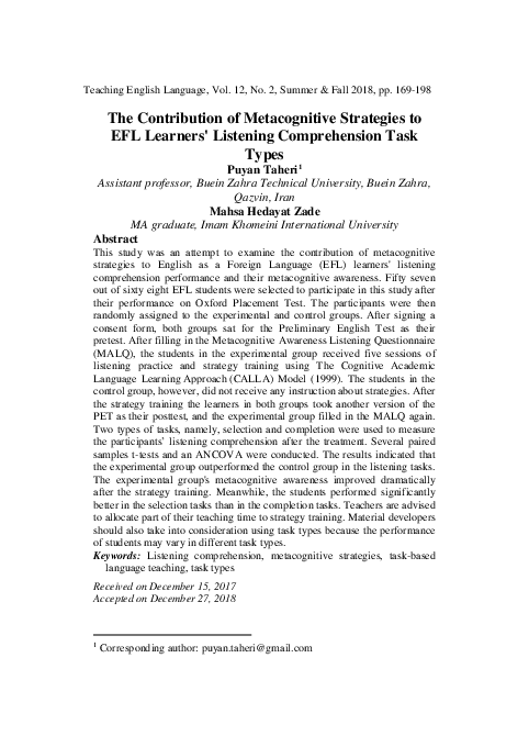 (PDF) The Contribution of Metacognitive Strategies to EFL Learners ...