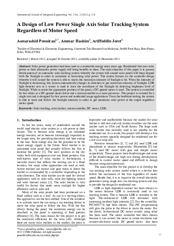 (PDF) A design of low power single axis solar tracking system ...