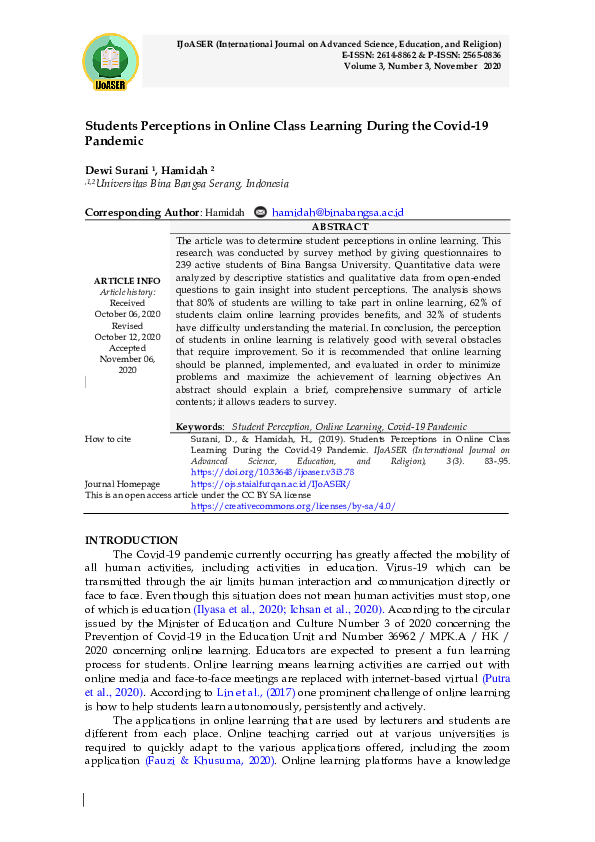 (PDF) Students Perceptions in Online Class Learning During the Covid-19 ...