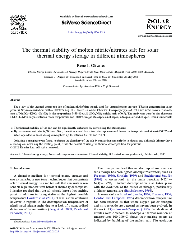 (PDF) The thermal stability of molten nitrite/nitrates salt for solar ...