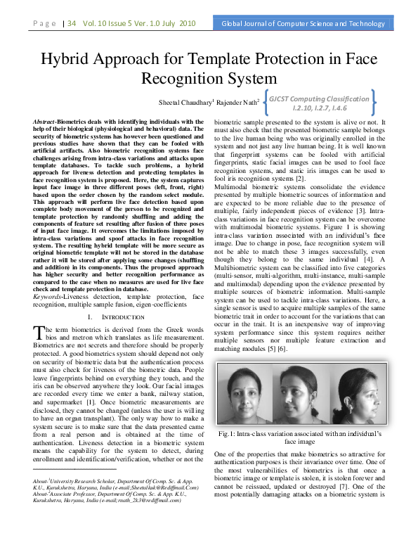 (PDF) Hybrid Approach for Template Protection in Face Recognition System