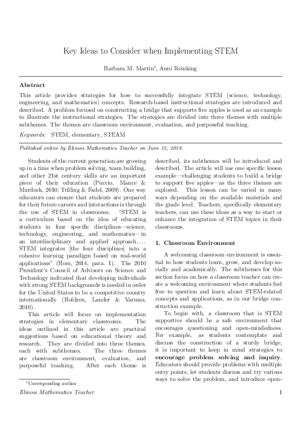 (PDF) Key Ideas to Consider when Implementing STEM