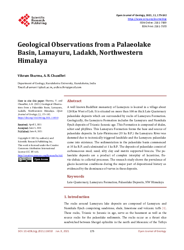 Geological Observations from a Palaeolake Basin, Lamayuru, Ladakh, Northwestern Himalaya