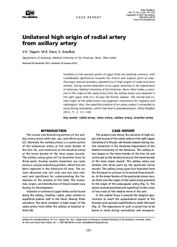 (PDF) Unilateral high origin of radial artery from axillary artery
