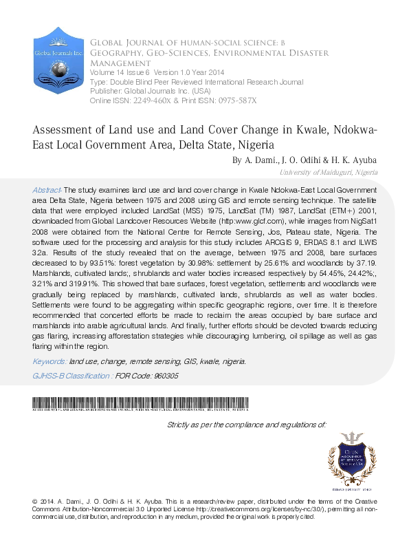 (PDF) Assessment of Land use and Land Cover Change in Kwale, Ndokwa ...