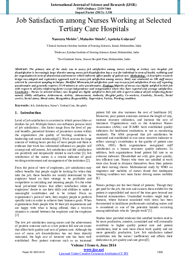 (PDF) Job Satisfaction among Nurses Working at Selected Tertiary Care ...