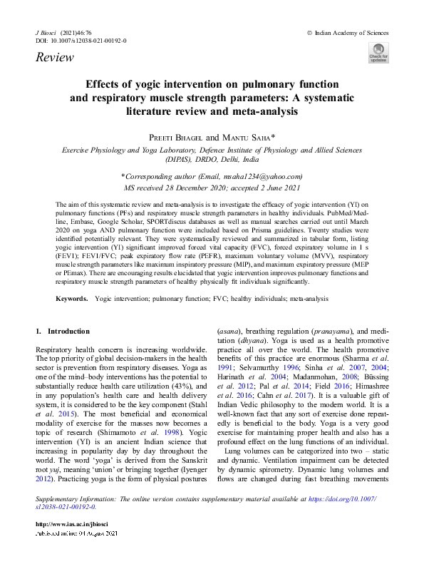 (PDF) Effects of yogic intervention on pulmonary function and ...