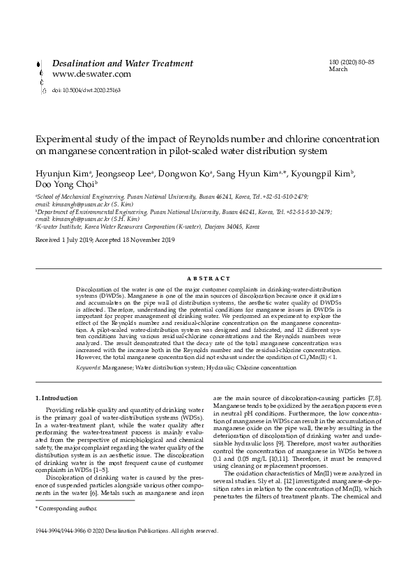 (PDF) Experimental study of the impact of Reynolds number and chlorine ...