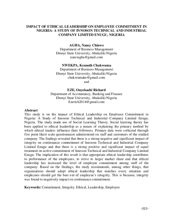 (PDF) Impact of ethical leadership on employee commitment in Nigeria- a ...