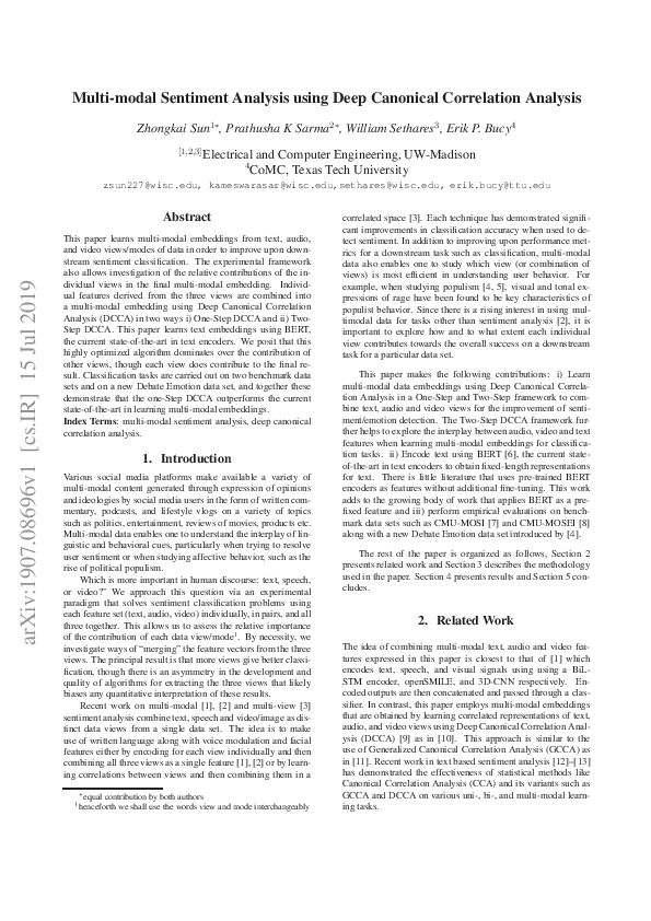 (PDF) Ju l 2 01 9 Multi-modal Sentiment Analysis using Deep Canonical ...