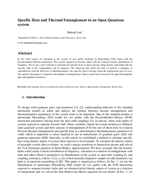 (PDF) Specific heat and thermal entanglement in an open quantum system