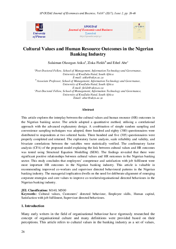 (PDF) Cultural Values and Human Resource Outcomes in the Nigerian ...