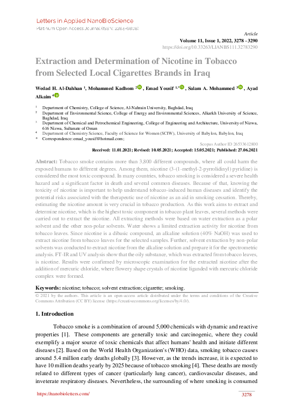 (PDF) Extraction and Determination of Nicotine in Tobacco from Selected ...