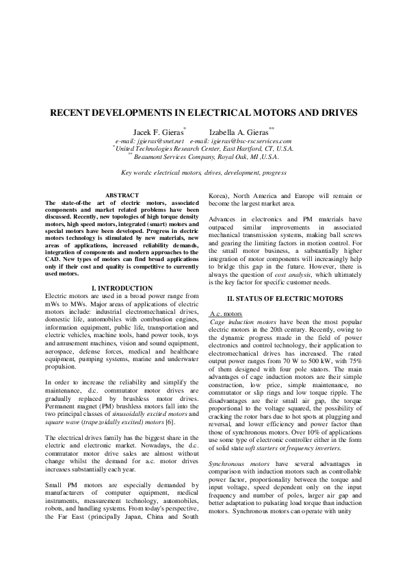 (PDF) Recent Developments in Electrical Motors and Drives Jacek F