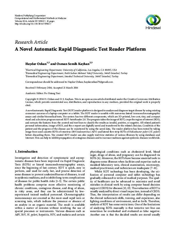 (PDF) A Novel Automatic Rapid Diagnostic Test Reader Platform