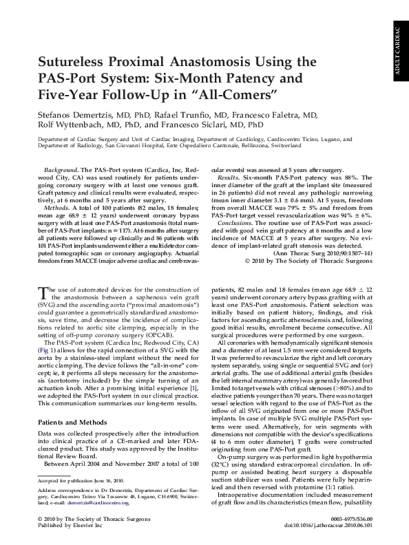 (PDF) Sutureless Proximal Anastomosis Using the PAS-Port System: Six ...