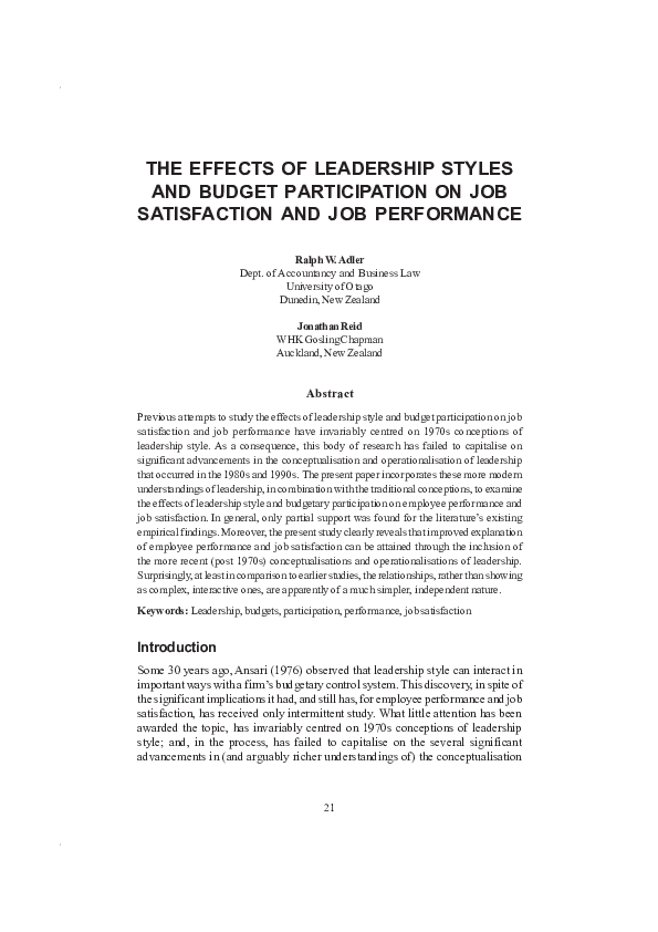 (PDF) The effects of leadership styles and budget participation on job ...