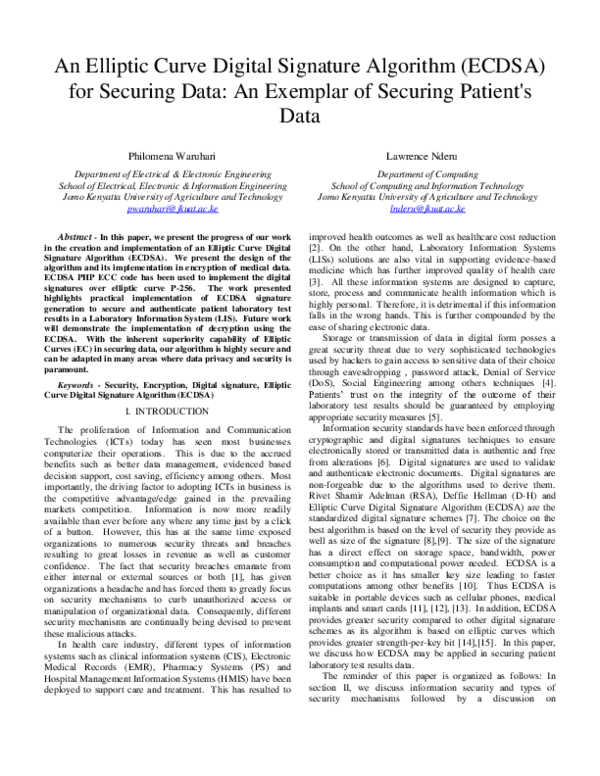 (PDF) An Elliptic curve digital signature algorithm (ECDSA) for ...