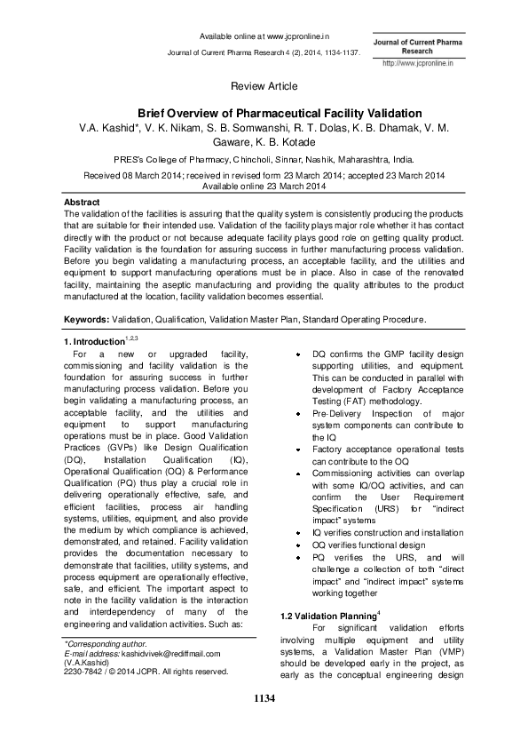 (PDF) Brief Overview of Pharmaceutical Facility Validation Vivekanand
