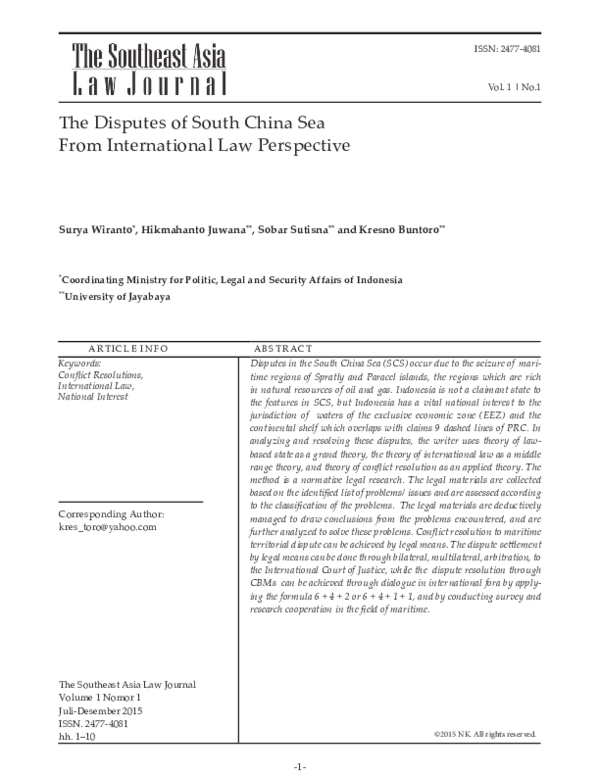 (PDF) The Disputes of South China Sea From International Law Perspective