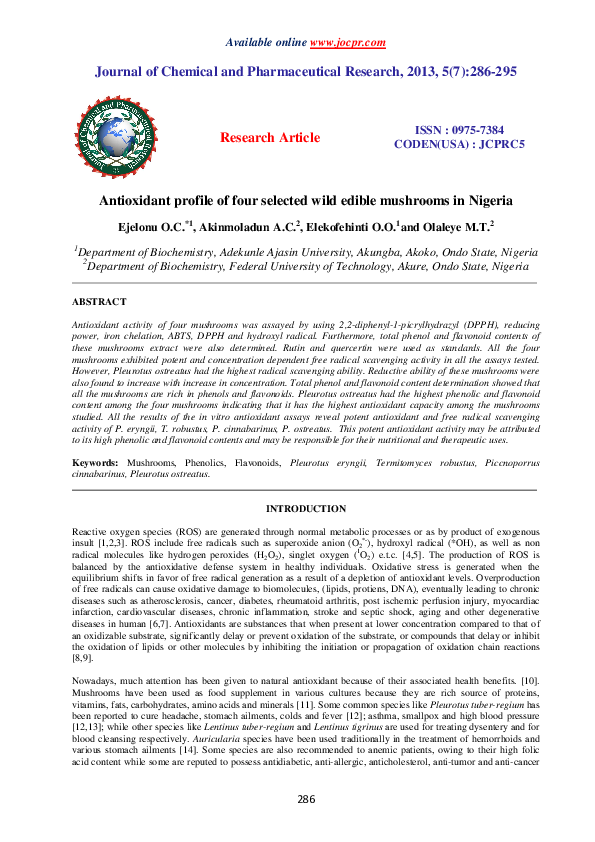 (PDF) Antioxidant profile of four selected wild edible mushrooms in Nigeria