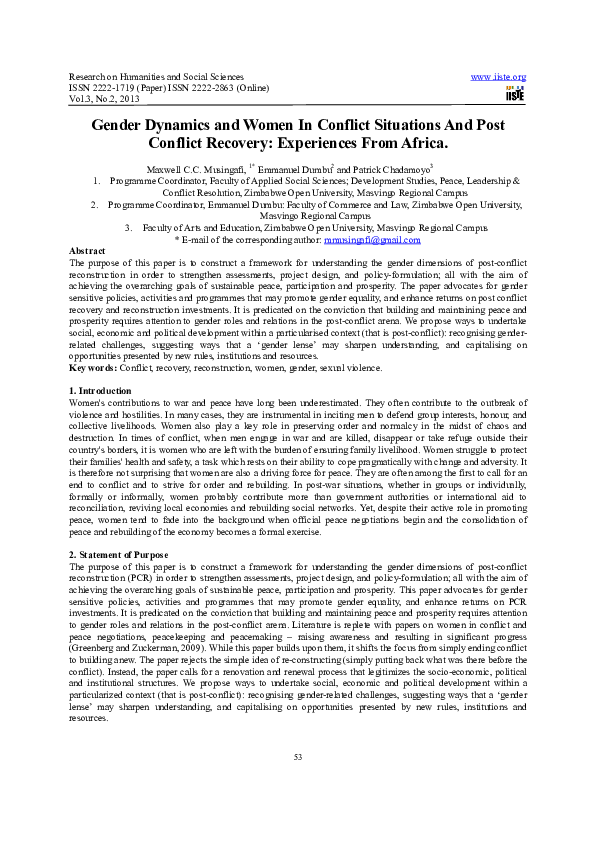 (PDF) Gender Dynamics and Women in Conflict Situations and Post ...