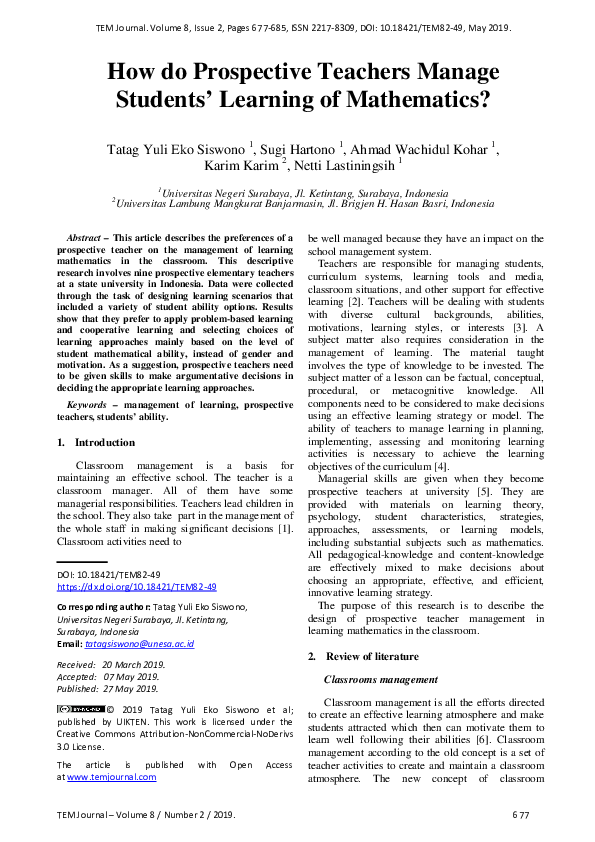 (PDF) How do Prospective Teachers Manage Students’ Learning of Mathematics?