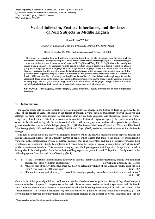 (PDF) Verbal Inflection, Feature Inheritance, and the Loss of Null ...