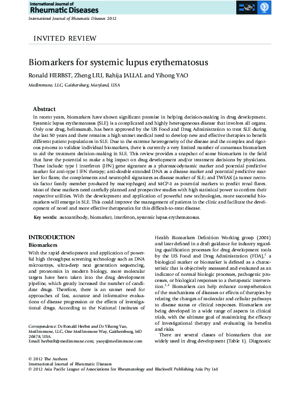 (PDF) Biomarkers for systemic lupus erythematosus