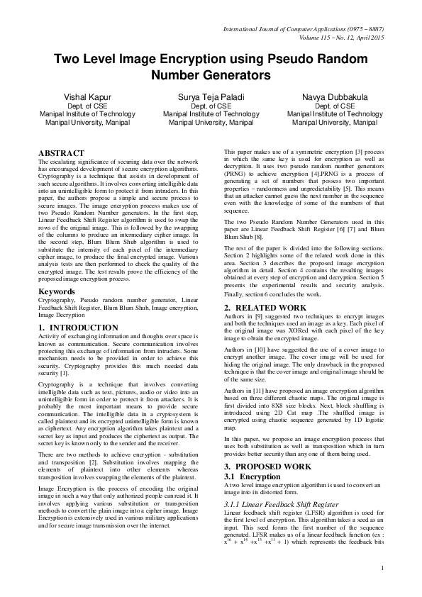 (PDF) Two Level Image Encryption using Pseudo Random Number Generators