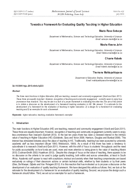 (PDF) Towards a Framework for Evaluating Quality Teaching in Higher ...