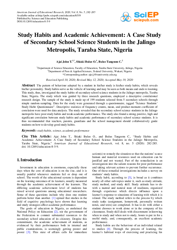 (PDF) Study Habits and Academic Achievement: A Case Study of Secondary ...