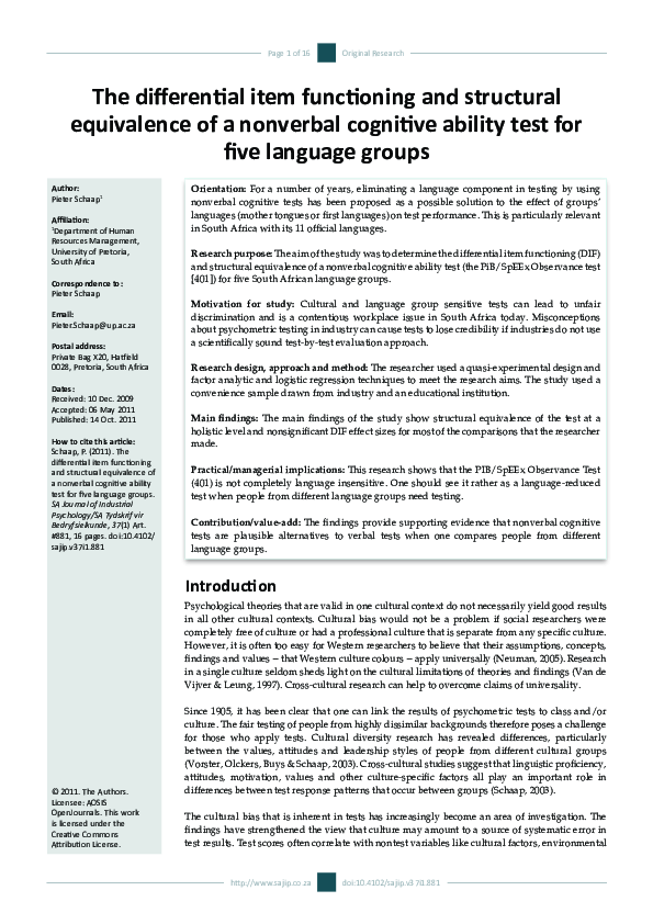 (PDF) The differential item functioning and structural equivalence of a ...