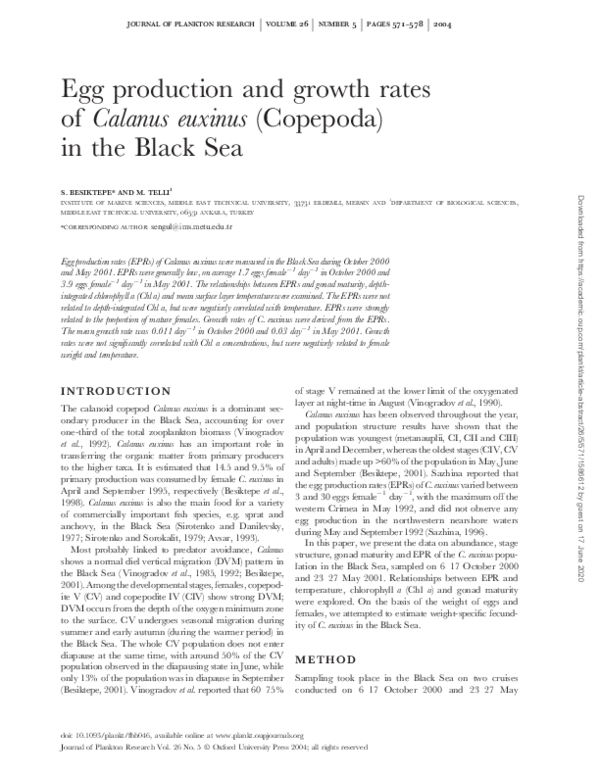 (PDF) Egg production and growth rates of Calanus euxinus (Copepoda) in ...