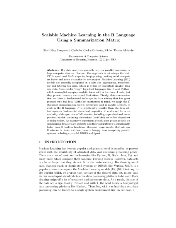 (PDF) Scalable Machine Learning in the R Language Using a Summarization ...