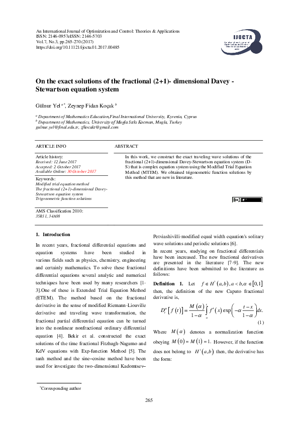 (PDF) On the exact solutions of the fractional (2+1)- dimensional Davey ...